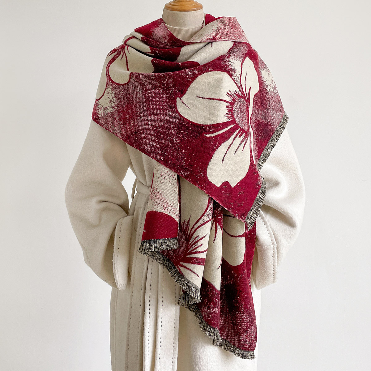 Pashmina Wrap Large - 女性用イミテーションカシミヤスカーフ フリンジ付き 厚手 暖かいショール リバーシブル 冬用プリントスカーフ