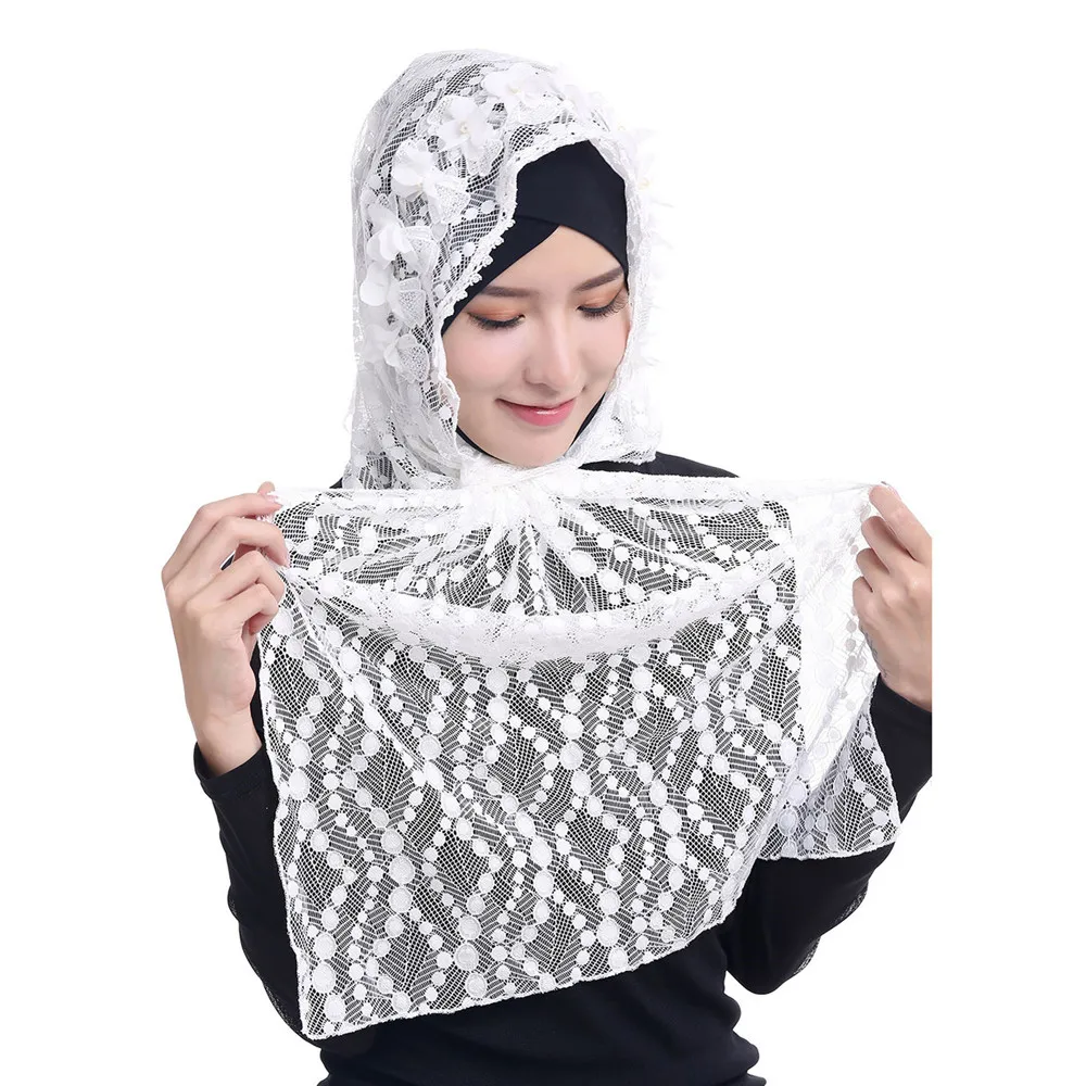 純色通気性女性レーススカーフラップヘッドスカーフ中空スカーフ - Stole Wedding Shawl のレビューと価格